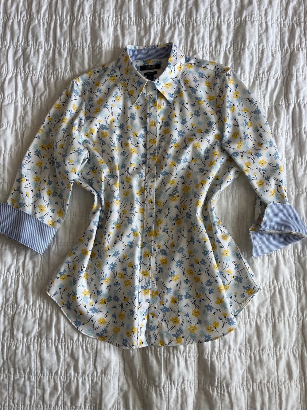 Chaps No Iron White Floral Button-Up Shirt with Blue Cuffs